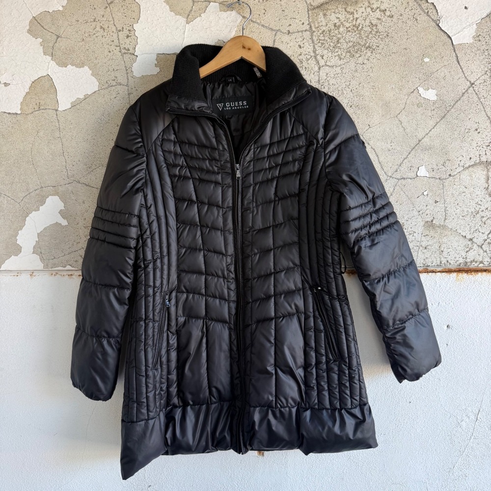 Guess Puffer Jacket Quilted Winter Coat Mock Neck Full Zip Parka Womens L